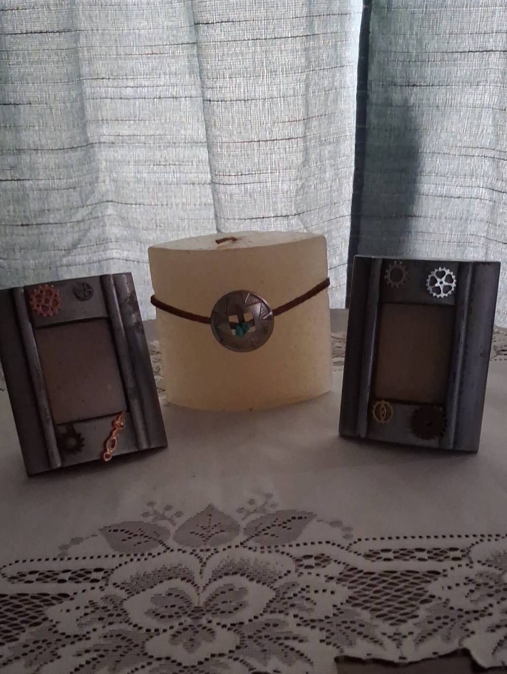 Decorative Cream Pillar Candle with Metal Accent